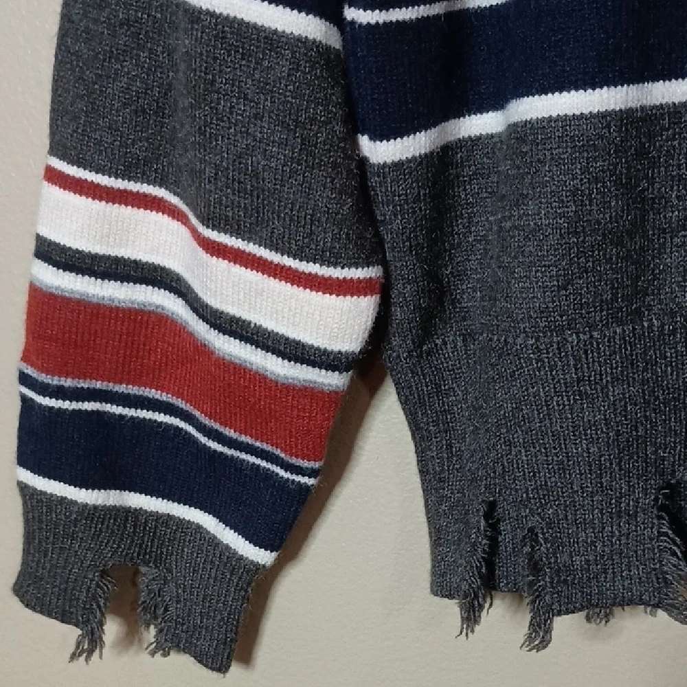 POL Distressed Gray Striped Sweater
